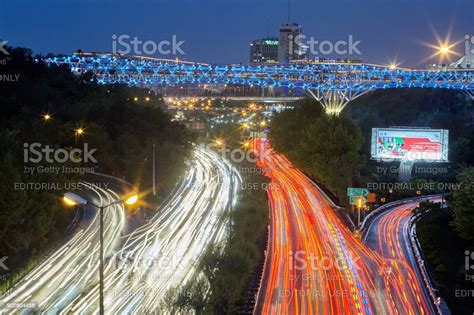 Tabiat Bridge Over Motorway Modares Car Light Trail Tehran Iran Stock