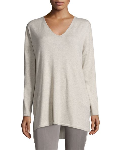 Lyst Eileen Fisher V Neck Organic Cotton Tunic With Pockets In Gray