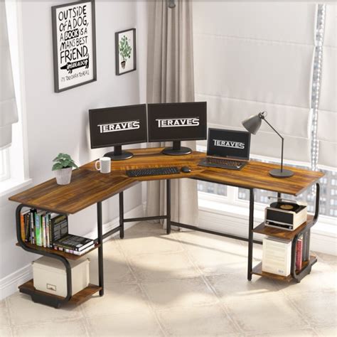 Teraves L Shaped Computer Desk With Bookshelves Large Corner Desk Home