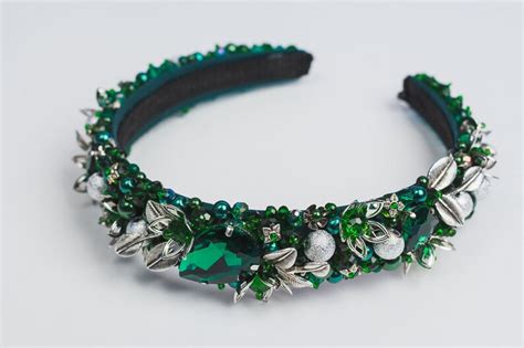 Emerald Headband Green Silver Tiara Jeweled Beaded Headband Etsy