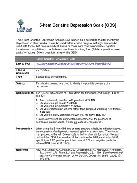 Geriatric Depression Scale 5 Item How To Use