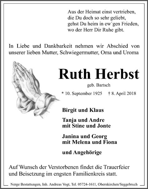 Traueranzeigen Von Ruth Herbst Trauer Anzeigende