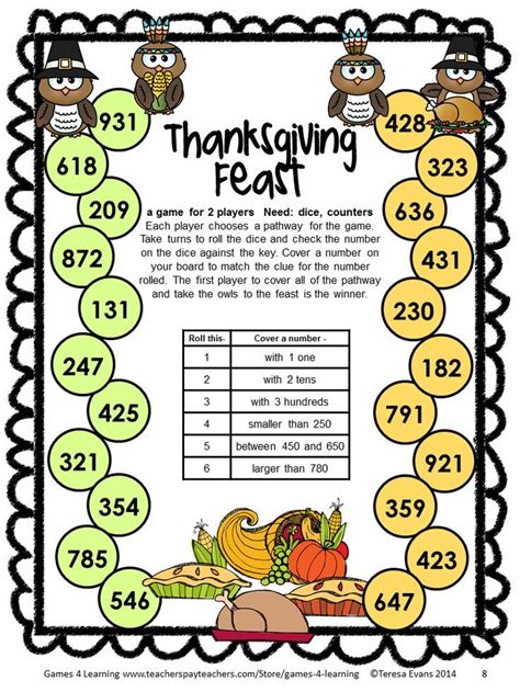 Print And Play Thanksgiving Math Games Second Grade By Games 4 Learning