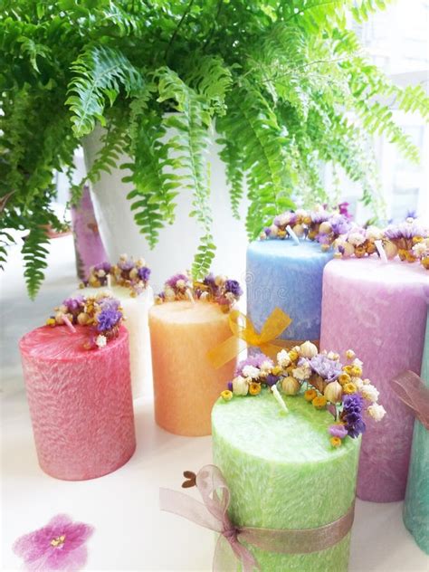 Handmade Flower Soy Candles With Herbs And Crystals Stock Image Image
