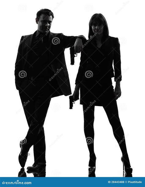 Couple Woman Man Detective Secret Agent Criminal Silhouette Stock Photo