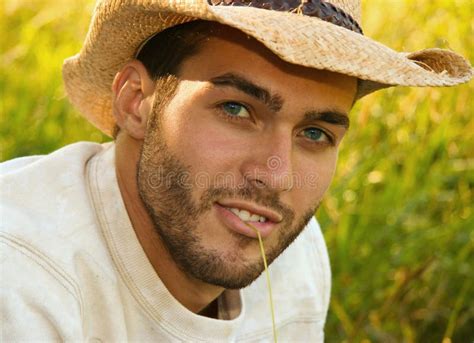 Headshot Of Young Man Wearing A Cowboy Hat Stock Image Image Of
