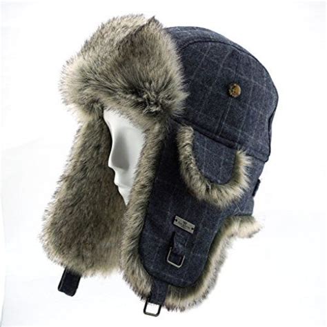 Wool Blend Diamond Check Plaid Faux Fur Aviator Ski Trapper Trooper Hat