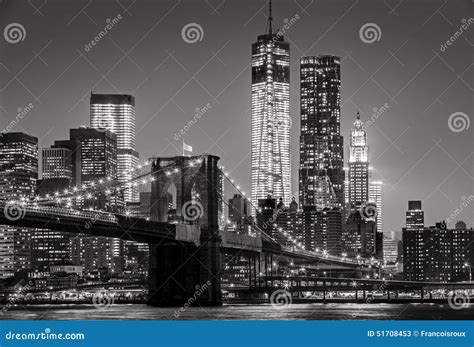 New York By Night Brooklyn Bridge Lower Manhattan Black An Stock