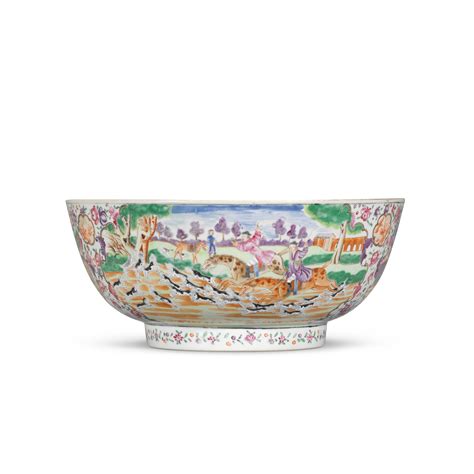 A Famille Rose Hunting Scene Punch Bowl Qing Dynasty Qianlong Period Chinese Export