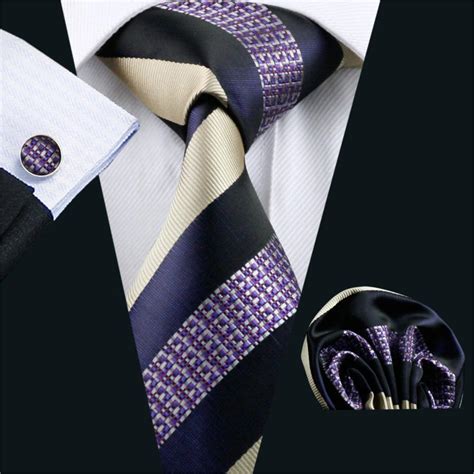 Fa 539 Mens Tie Purple Stripe Silk Jacquard Classic Tie Hanky Cufflinks