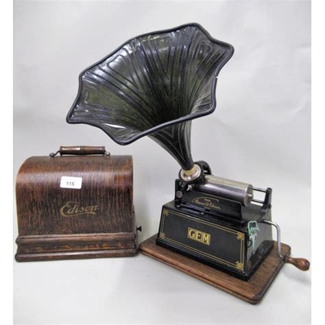 Edison Gem Phonograph In An Oak Case With Original Horn And A Quantity