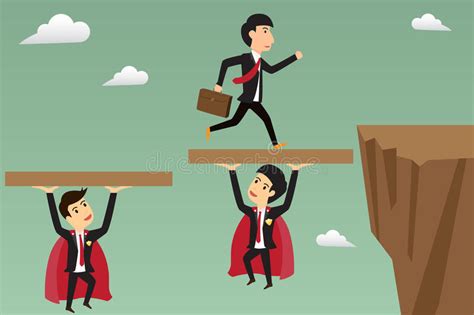 Businessman Jump Through The Gap Supported By Super Businessman Stock