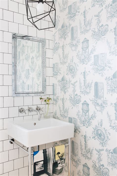 In The Powder Room Toile Wallpaper By Flavor Paper Meets White Subway