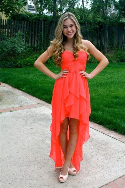 Cute High Low Strapless Neon Coral Chiffon Ruffle Party Prom Dress