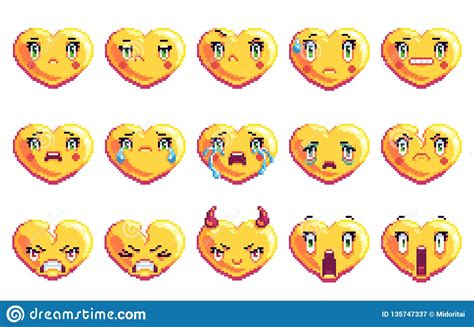 Set Of 15 Negative Emotions Heart Shaped Pixel Art Emoji In Golden