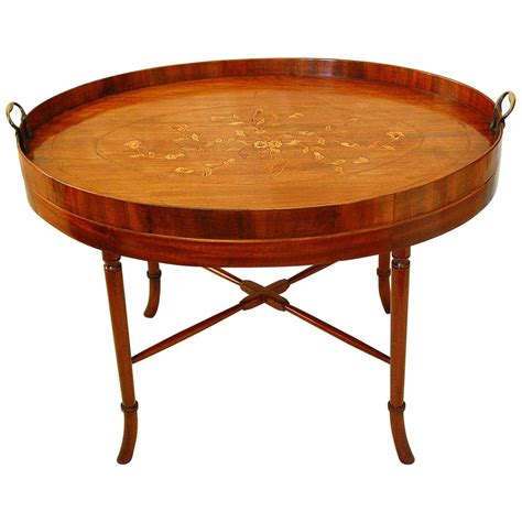 English Paneled Mahogany Oval Form Butlers Tray Coffee Table On Stand