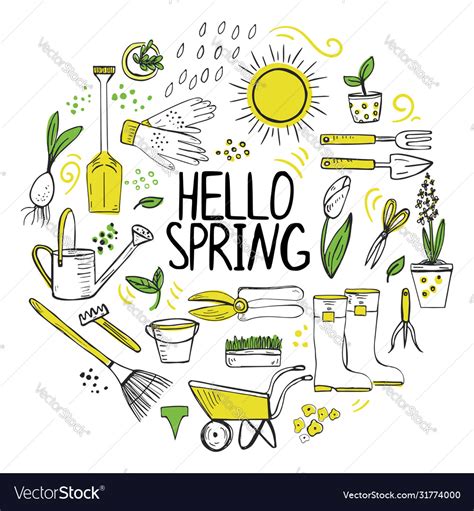 Set Hand Drawn Spring Flowers And Garden Tools Vector Image