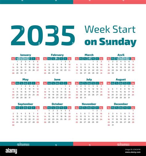 2035 Calendar With The Weeks Start On Sunday Stock Vector Image And Art
