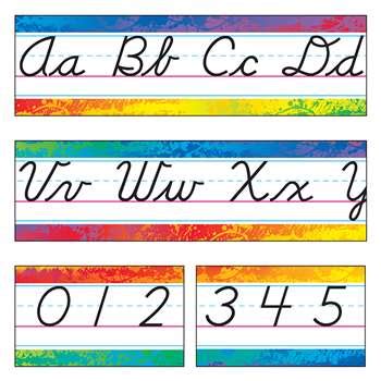 Writing cursive letters in a group of similar pencil strokes is helpful for carryover of pencil control practice and letter formation. Splashy Colors Alphabet Line Modern Cursive Bulletin Board ...