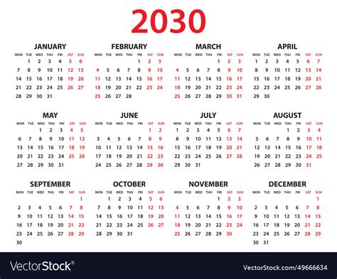 Calendar 2030 Year Royalty Free Vector Image Vectorstock