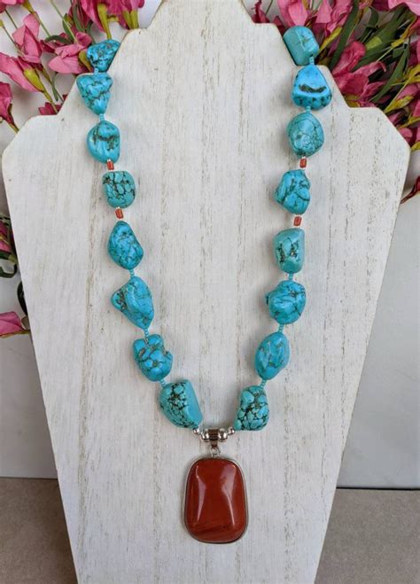 Chunky Genuine Turquoise Nugget Necklace With Agate Pendant Etsy