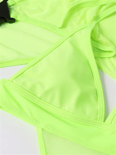 Pack Neon Lime Contrast Mesh One Piece Swimsuit Shein