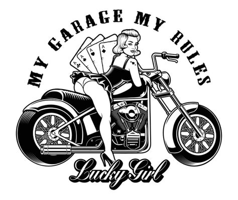 Premium Vector Pin Up Girl With Motorcycle And Playing Cards Black And White Illustration For