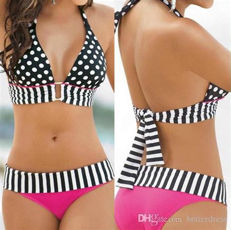 New 2015 Summer Women Sexy Strappy Bikini Set Beach Dot Strip Halter Swimsuit Push Up Bathing
