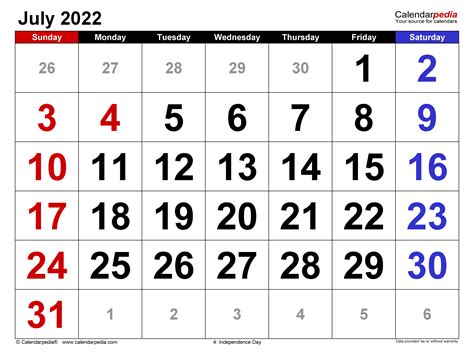 July 2022 Calendar Templates For Word Excel And Pdf