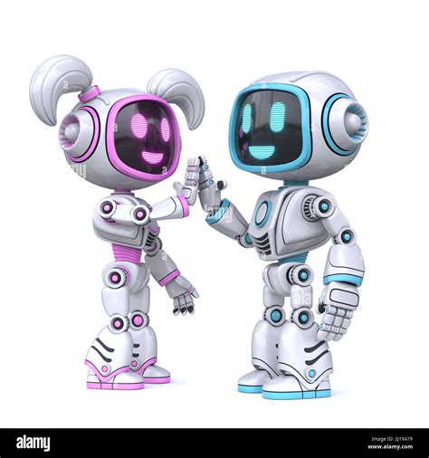 Cute Pink Girl And Blue Boy Robots Giving A High Five 3d Rendering