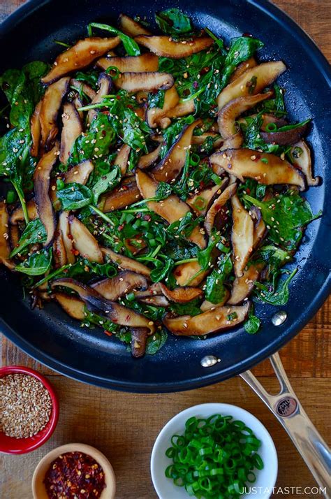 Sautéed Mushrooms And Spinach With Spicy Garlic Sauce Just A Taste
