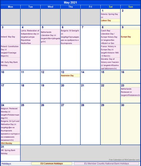 Labor day is celebrated on the first monday in september in the united states. May 2021 EU Calendar with Holidays for printing (image format)