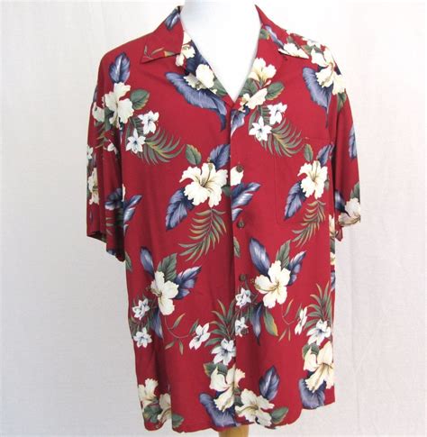 Iolani Hawaiian Shirt XL Red Floral Hibiscus Blue Ferns 100 Rayon