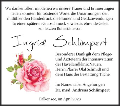 Traueranzeigen Von Ingrid Schlimpert Märkische Onlinezeitung Trauerportal