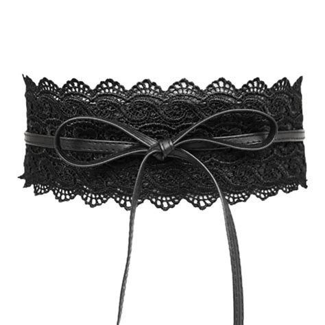 Black Lace Wide Belts For Women Summer Faux Leather Elastic Waist Belts