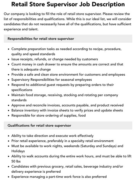 Retail Store Supervisor Job Description Velvet Jobs