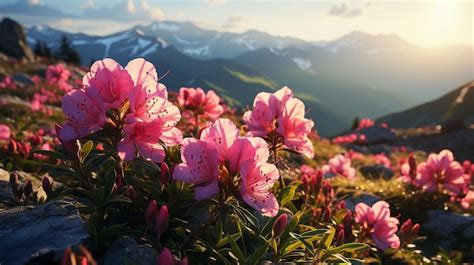 Premium Ai Image Magic Pink Rhododendron Flowers On Summer Mountain