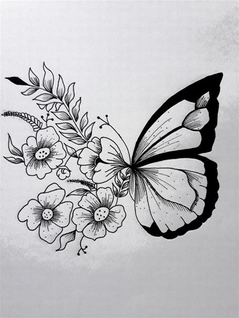 A Black And White Drawing Of A Butterfly With Flowers On It S Back Side