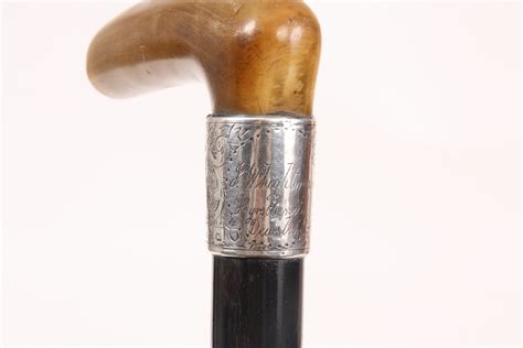 A Late 19th Century Rhino Horn Handled Walking Cane On Ebonized Stick