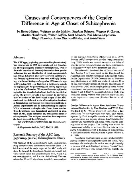 pdf causes and consequences of the gender difference in age at onset of schizophrenia wagner