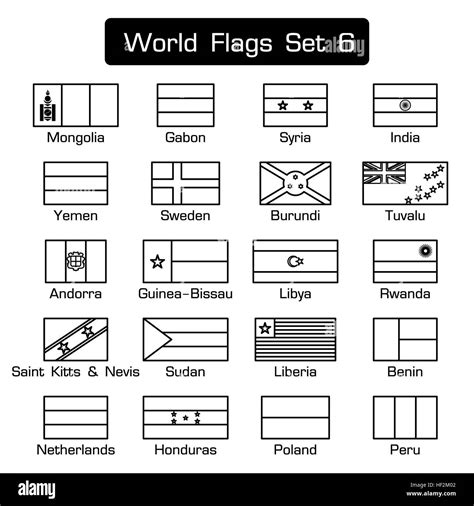 World Flags Set 6 Simple Style And Flat Design Thick Outline Stock