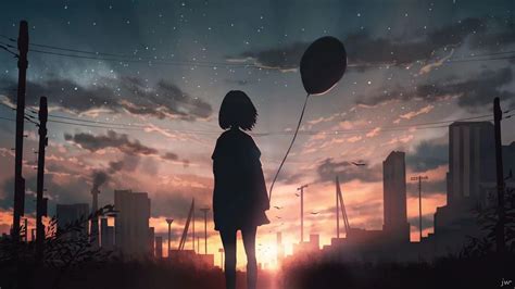 Download 1920x1080 Anime Girl Back View Balloon Sunset