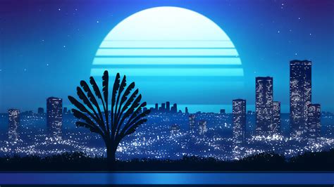 Download 1920x1080 Wallpaper Vaporwave Illustration Cityscape Moon