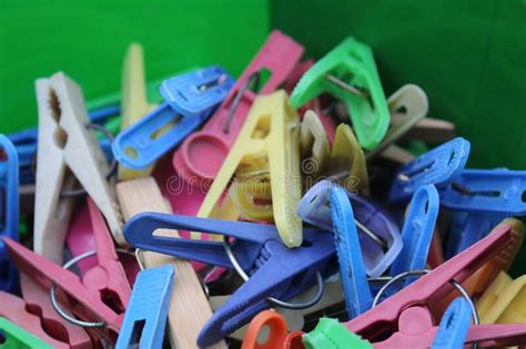 A Lot Of Multi Colored Clothespins In A Container Stock Photo Image