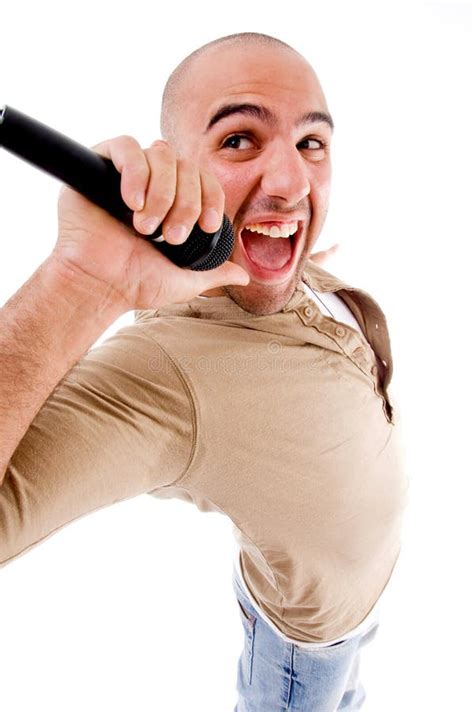 Happy Singer Singing Into Microphone Stock Photo Image Of Concept