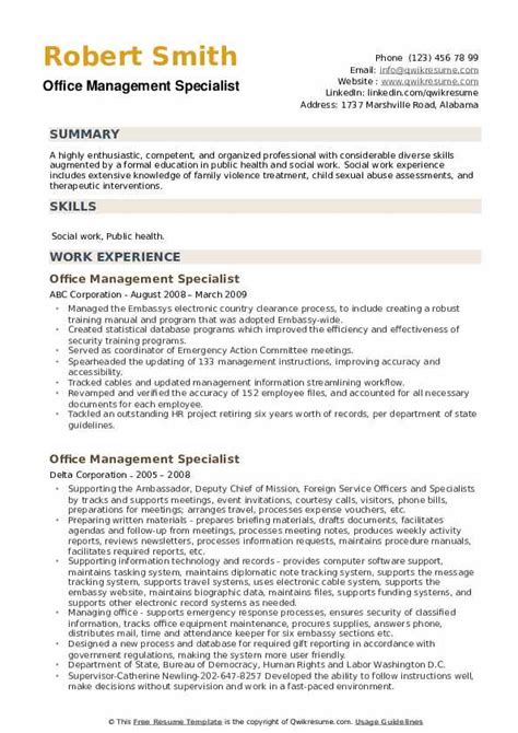 View our simple resume example for emergency management director. Office Management Specialist Resume Samples | QwikResume