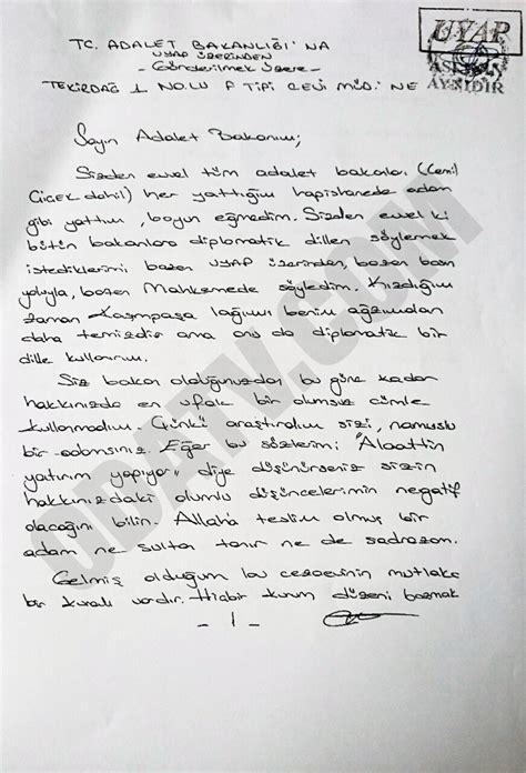 İşte alattin çakıcı'nın paylaştığı o mektup Alaattin Çakıcı'nın Bekir Bozdağ'a mektubu