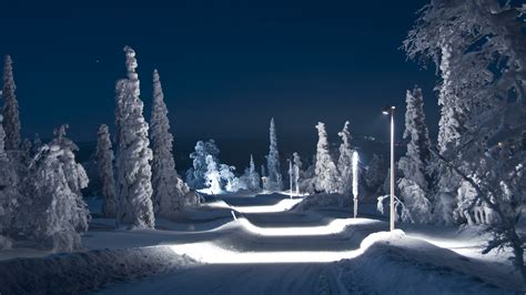 Snowy Winter Road At Night Wallpaper Backiee