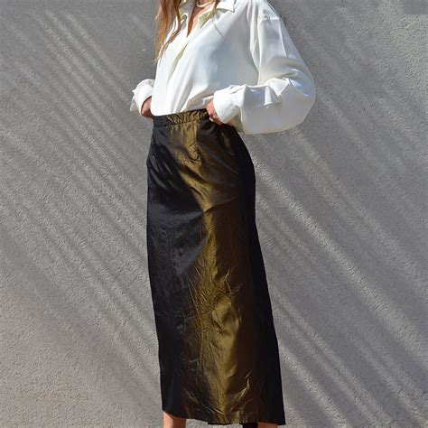 Vintage Y K Shiny Olive Maxi Skirt M Vesture Online Vintage Shop