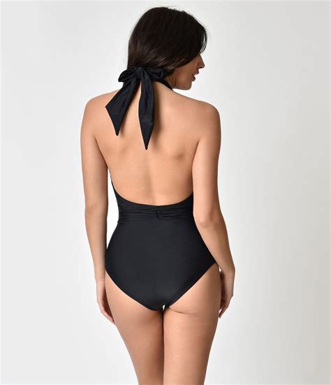 Unique Vintage Black Halter Shirred Derek One Piece Swimsuit